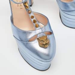 Pre Owned Gucci Metallic Blue Leather Angel T Strap Platform Sandals Size 37.5