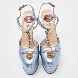 Pre Owned Gucci Metallic Blue Leather Angel T Strap Platform Sandals Size 37.5