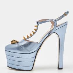 Pre Owned Gucci Metallic Blue Leather Angel T Strap Platform Sandals Size 37.5