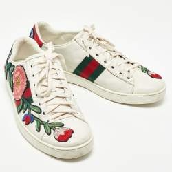 Gucci White Leather Floral Embroidered Ace Sneakers Size 39.5