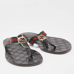 Gucci Black Leather GG Web Thong Sandals Size 40