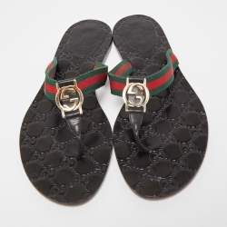 Gucci Black Leather GG Web Thong Sandals Size 40