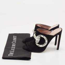 Gucci Black Suede Maxime Crystal Icon Bit Peep Toe Mules Size 37.5