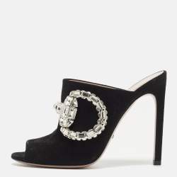 Gucci Black Suede Maxime Crystal Icon Bit Peep Toe Mules Size 37.5