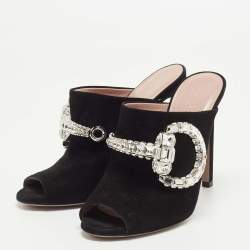 Gucci Black Suede Maxime Crystal Icon Bit Peep Toe Mules Size 37.5