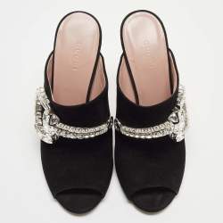 Gucci Black Suede Maxime Crystal Icon Bit Peep Toe Mules Size 37.5