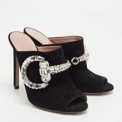 Gucci Black Suede Maxime Crystal Icon Bit Peep Toe Mules Size 37.5