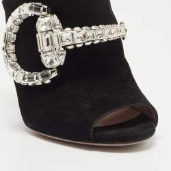 Gucci Black Suede Maxime Crystal Icon Bit Peep Toe Mules Size 37.5