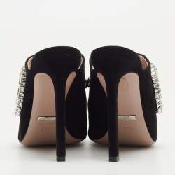 Gucci Black Suede Maxime Crystal Icon Bit Peep Toe Mules Size 37.5