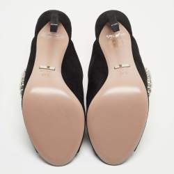 Gucci Black Suede Maxime Crystal Icon Bit Peep Toe Mules Size 37.5