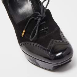 Pre Owned Gucci Black Suede and Patent Leather Lace Up Platform Pumps Size 38.5