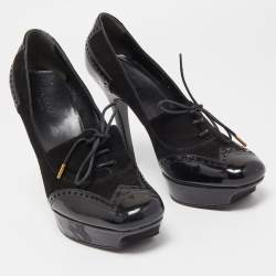 Pre Owned Gucci Black Suede and Patent Leather Lace Up Platform Pumps Size 38.5