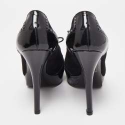 Pre Owned Gucci Black Suede and Patent Leather Lace Up Platform Pumps Size 38.5