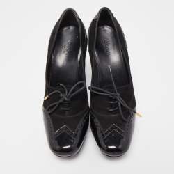 Pre Owned Gucci Black Suede and Patent Leather Lace Up Platform Pumps Size 38.5
