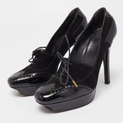 Pre Owned Gucci Black Suede and Patent Leather Lace Up Platform Pumps Size 38.5