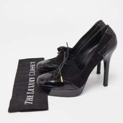 Pre Owned Gucci Black Suede and Patent Leather Lace Up Platform Pumps Size 38.5