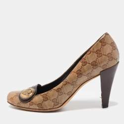 Pre Owned Gucci Brown/Beige GG Supreme Canvas and Leather Hysteria Pumps Size 39
