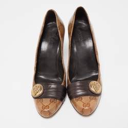Pre Owned Gucci Brown/Beige GG Supreme Canvas and Leather Hysteria Pumps Size 39