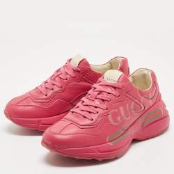 مملوكة مسبقًا Gucci Pink Leather Logo Print Rhyton Sneakers Size 36