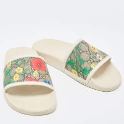 Gucci Cream/Brown GG Supreme Canvas Blooms Flat Slides Size 37