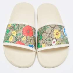 Gucci Cream/Brown GG Supreme Canvas Blooms Flat Slides Size 37