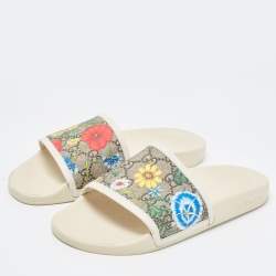Gucci Cream/Brown GG Supreme Canvas Blooms Flat Slides Size 37
