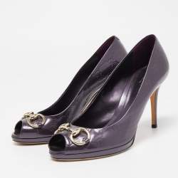 Pre Owned Gucci Purple Patent Leather Jolene Peep Toe Pumps Size 39