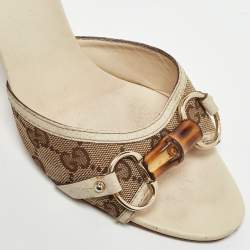Gucci Beige/Off White GG Canvas and Leather Horsebit Slide Sandals Size 37.5