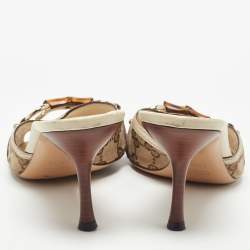 Gucci Beige/Off White GG Canvas and Leather Horsebit Slide Sandals Size 37.5