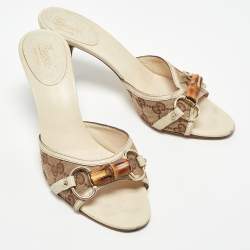 Gucci Beige/Off White GG Canvas and Leather Horsebit Slide Sandals Size 37.5