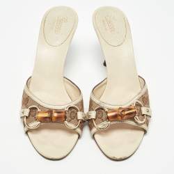 Gucci Beige/Off White GG Canvas and Leather Horsebit Slide Sandals Size 37.5