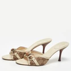 Gucci Beige/Off White GG Canvas and Leather Horsebit Slide Sandals Size 37.5