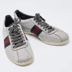 Gucci Silver Glitter Ace Web Low-top Sneakers Size 38.5