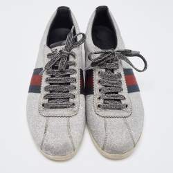 Gucci Silver Glitter Ace Web Low-top Sneakers Size 38.5