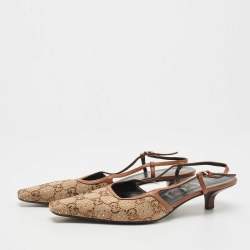 Pre Owned Gucci Beige/Brown Crystal Embellished GG Canvas Slingback Pumps Size 39