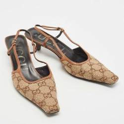 Pre Owned Gucci Beige/Brown Crystal Embellished GG Canvas Slingback Pumps Size 39