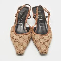 Pre Owned Gucci Beige/Brown Crystal Embellished GG Canvas Slingback Pumps Size 39