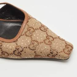 Pre Owned Gucci Beige/Brown Crystal Embellished GG Canvas Slingback Pumps Size 39