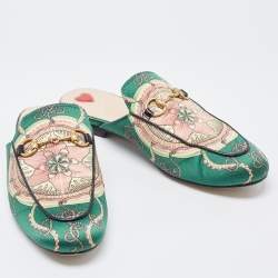 Gucci Green Printed Satin Princetown Mules Size 37
