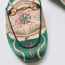Gucci Green Printed Satin Princetown Mules Size 37