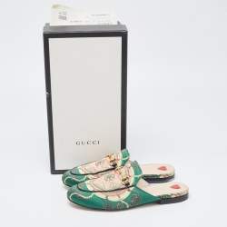 Gucci Green Printed Satin Princetown Mules Size 37