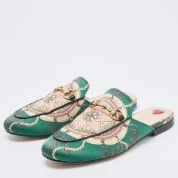 Gucci Green Printed Satin Princetown Mules Size 37