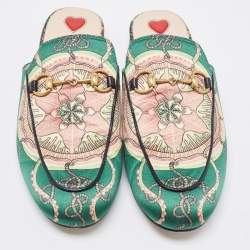 Gucci Green Printed Satin Princetown Mules Size 37