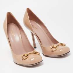 Pre Owned Gucci Beige Patent Leather Horsebit Square Toe Pumps Size 38