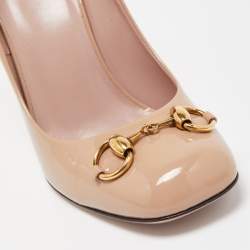 Pre Owned Gucci Beige Patent Leather Horsebit Square Toe Pumps Size 38
