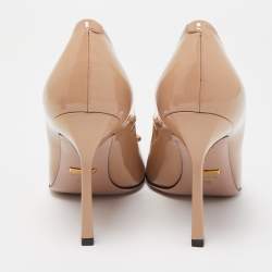 Pre Owned Gucci Beige Patent Leather Horsebit Square Toe Pumps Size 38