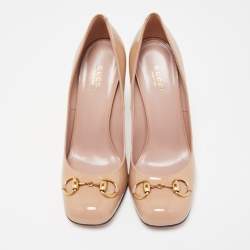 Pre Owned Gucci Beige Patent Leather Horsebit Square Toe Pumps Size 38