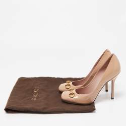 Pre Owned Gucci Beige Patent Leather Horsebit Square Toe Pumps Size 38