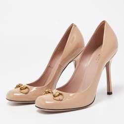 Pre Owned Gucci Beige Patent Leather Horsebit Square Toe Pumps Size 38