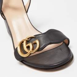 Pre Owned Gucci Black Leather GG Marmont Ankle Strap Sandals Size 37.5